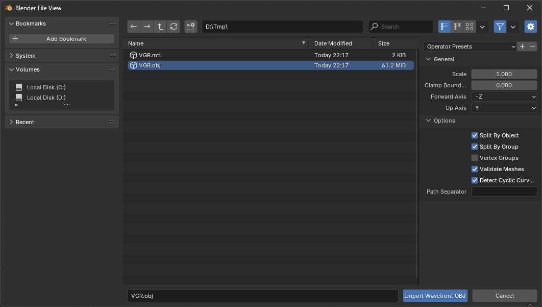 Blender Import Dialog