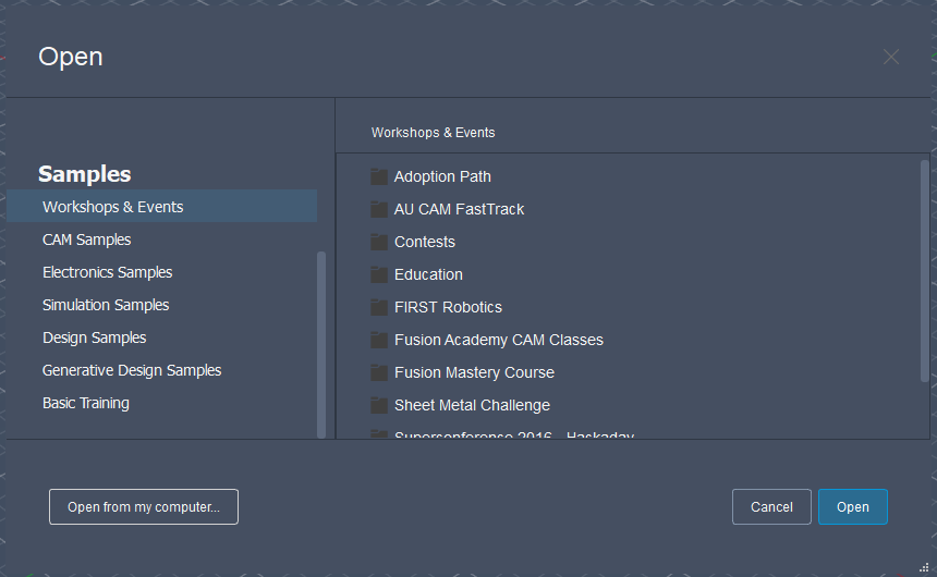Fusion 360 open file dialog